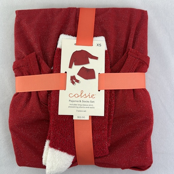 Red Sparkle Women's 3pc Socks and Pajama Set Colsie - Picture 2 of 6